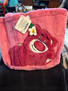 Disney Pink Plush Kids Tote Bag with Flower Bear Applique